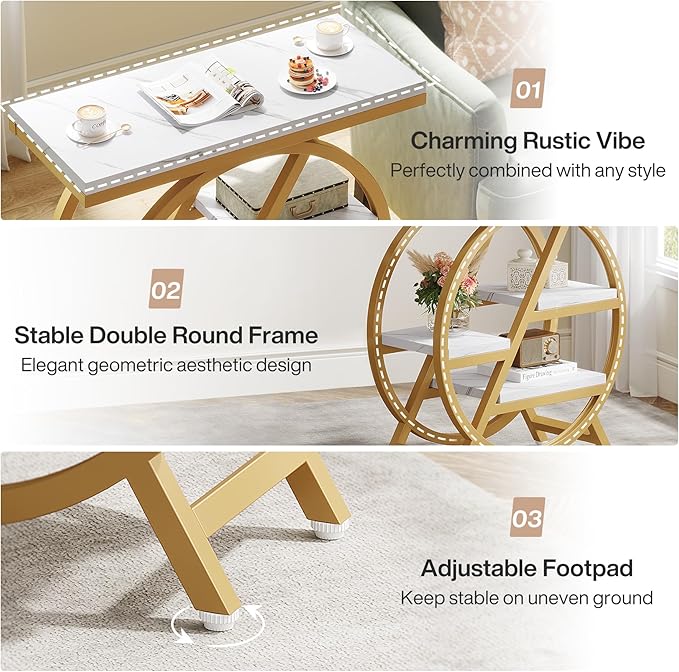 Tribesigns End Table for Living Room, 3-Tier Faux Marble Side Table with Storage, Wood Narrow Sofa Side Table with Geometric Metal Frame, Modern Nightstand and Bedside Table for Bedroom, Gold & White