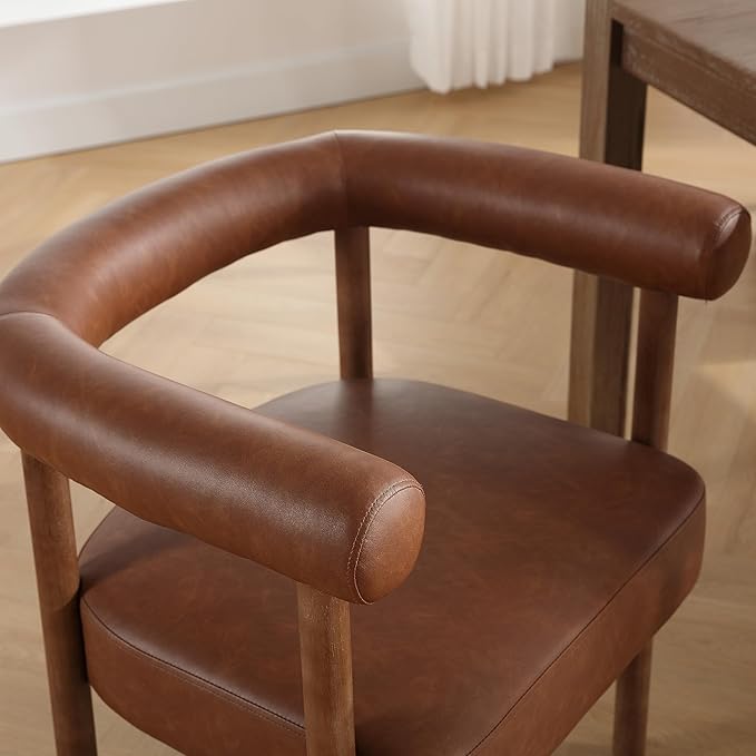 PU Leather Dining Chairs Set of 2, Modern Upholstered Dining Chairs, Curved Backrest Kitchen Dining Room Chairs Accent Chairs Arm Chairs with Natural Wood Legs, Brown