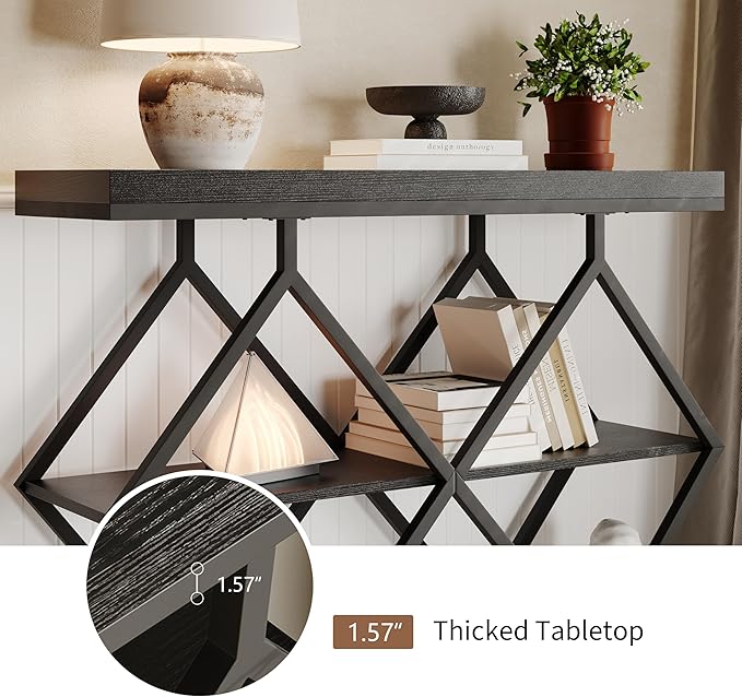 Garvee 3-Tier Entryway Table, Industrial Console Sofa Table with Storage, Accent Table with Open Shelves, Diamond-Shaped Metal Frame, Foyer Table for Entryway, Hallway, Black