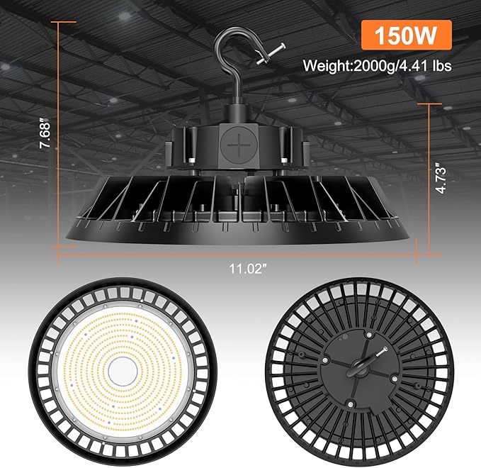 12Pack LED High Bay Lights, 150W UFO High Bay LED Shop Lights, 22500LM Adjustable CCT(5700K 5000K 4500K) & Power(150W 120W 80W), 0-10V Dimmable, 5' Cable Plug, IP65 Waterproof, ETL & DLC Listed