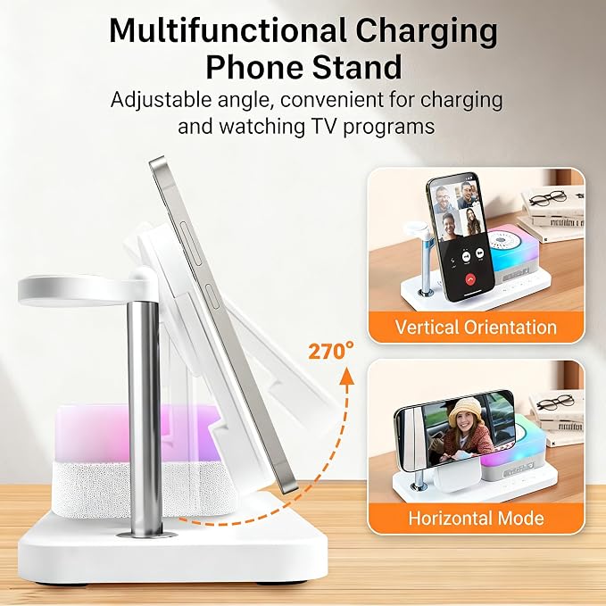 8-in-1 Desktop Charging Station with Bluetooth Speaker RGB Ambient Light Digital Clock Phone Stand Wireless Charger for Phone Watch and Earbuds Black/White (Black)