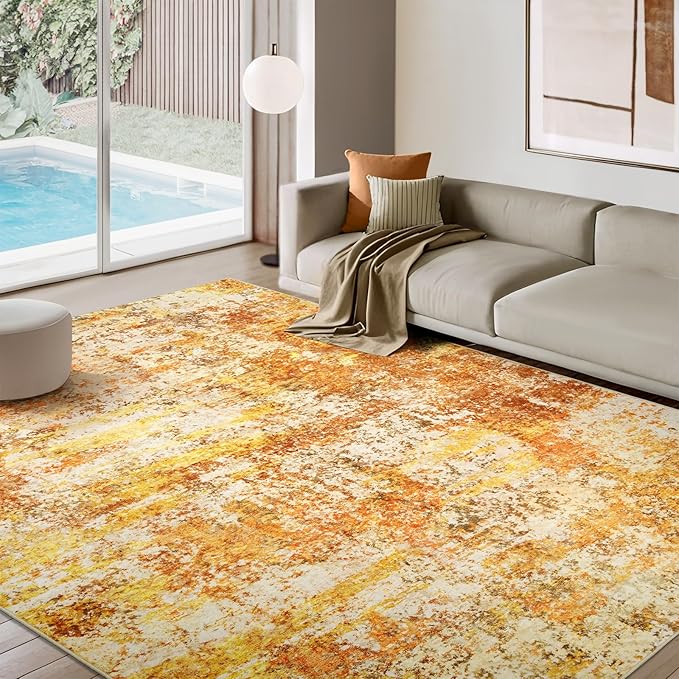 Washable Area Rugs for Living Room - 9x12 Abstract Modern Rug Neutral Soft Rug Stain Resistant Non-Shedding No Slip Low Pile Large Carpet for Bedroom Dining Room Nursery Home Office - Orange/Gold
