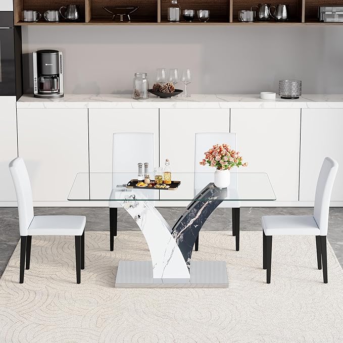 Glass Dining Table Set for 4, 63” Kitchen Table Set for 4, Modern Dining Room Table Set with Upholstered Chairs, Tempered Glass Tabletop with Y Shape Base