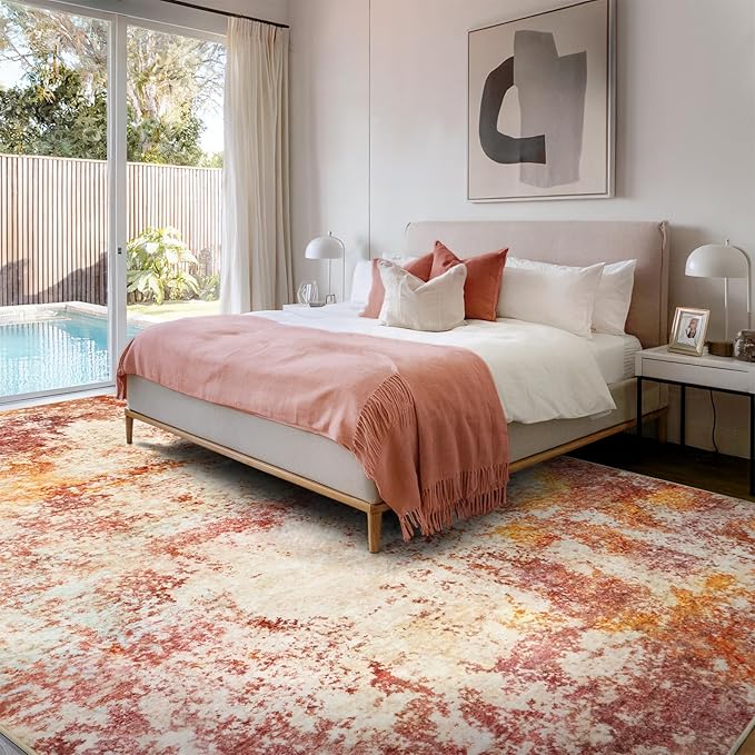 Area Rug Living Room Rugs - 8x10 Washable Modern Neutral Abstract Rugs Soft Low Pile No Slip Stain Resistant Rug Indoor Large Carpet for Bedroom Dining Room Nursery Room Home - Pink/Orange