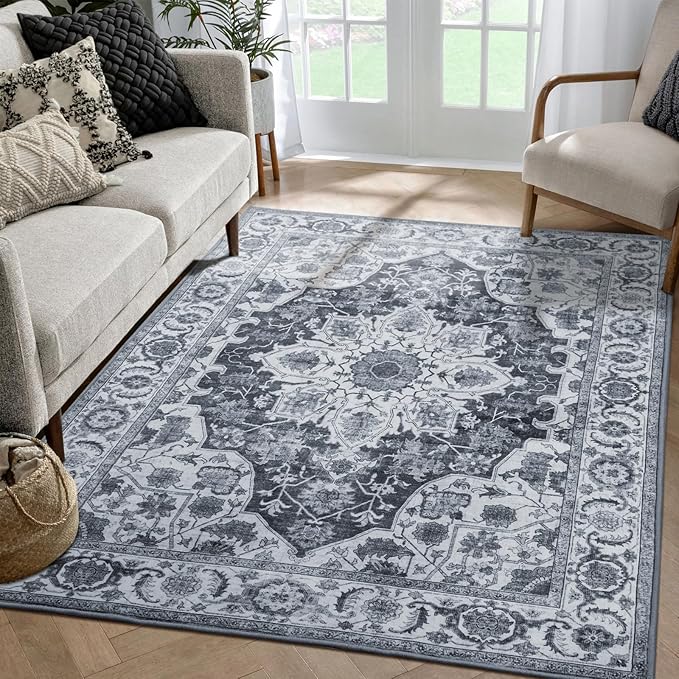 WILLSUN Washable Area Rugs, 3x5 Non-Slip Boho Large Area Rugs for Living Room, Bedroom, Machine Washable Vintage Rug, Indoor Floral Print Carpet for Home Decor, Kid & Pet Friendly Mat