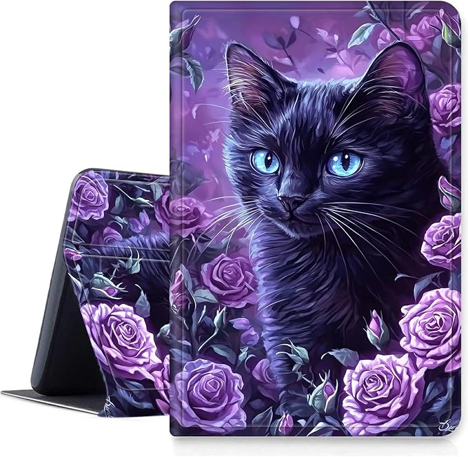 Case for Fire 7 2019/2017/2015Black Cat Purple Roses | DIGTIALL Slim Cover for Fire 7 Tablet 9th/7th/5th Gen 7.0 Folding Stand Protective Case Auto Sleep/Wake Smart Shell