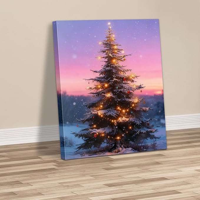 Framed Christmas Pictures Wall Decor,Vintage Pine Tree Prints,Winter Christmas Canvas Wall Art Decoration for Bedroom Bathroom Living Room Rustic Xmas Holiday Gifts (Christmas Tree 12, 16'' X 24'')