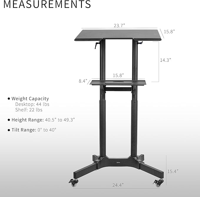VIVO Mobile 24 x 16 inch Lectern Podium, Height Adjustable Steel Rolling Laptop Cart on Wheels, Black, CART-V03E