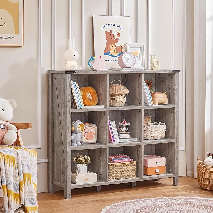9 Cube Bookcase, Farmhouse 47 Inch Wide Grey Oak Bookshelf, Wooden 3 Tier Display Large Open Book Shelf, Vintage Horizontal Book Case for Home Office, Cubby Storage Cabinet for Living Room