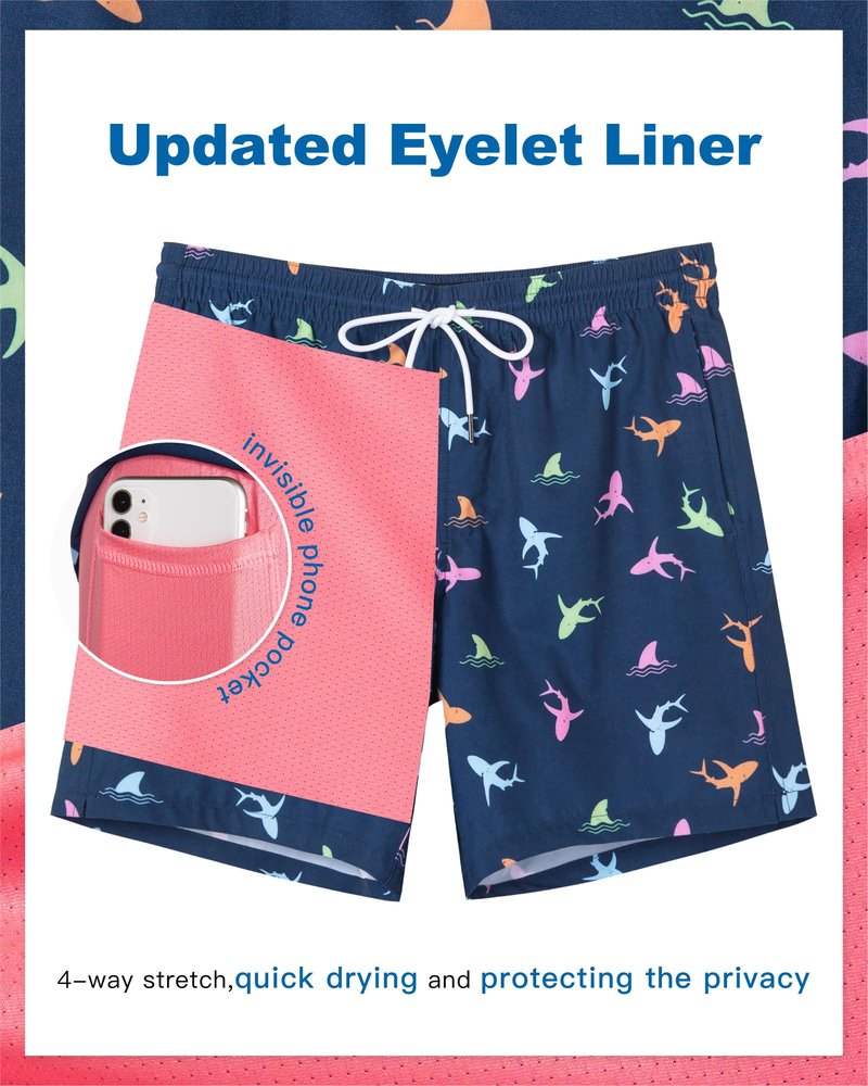 SURF CUZ Men's Mariner Doodles 7" Quick Dry Swim Trunks with Compression Liner, Zipper Pockets, Blue, Size S