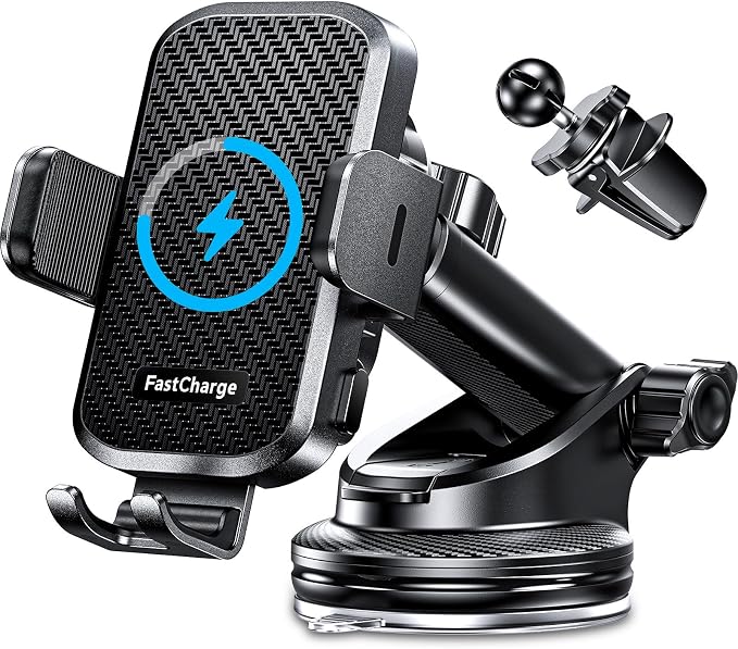 Wireless Car Charger with Phone Holder Mount 15W Fast Charging Auto Clamping Phone Holders for You Car Windshield Dashboard Air Vent Accessories for iPhone Samsung Galaxy Google etc