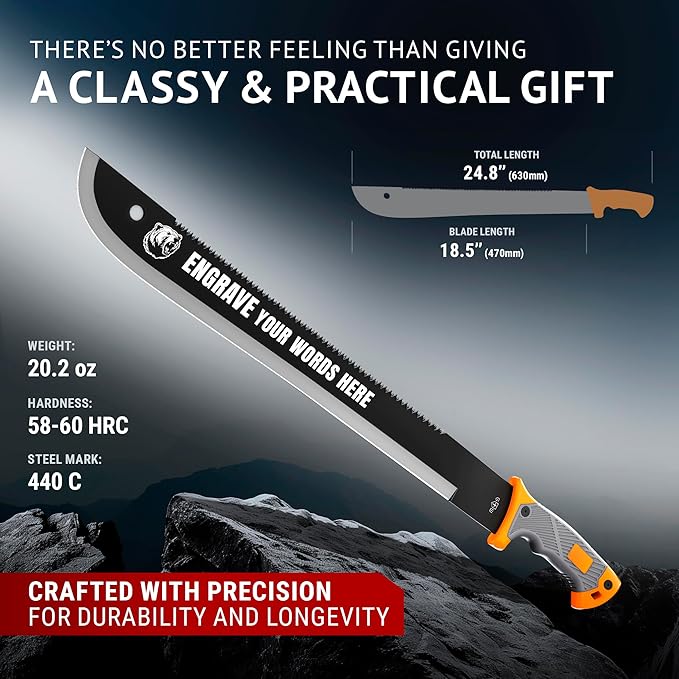 Machete with Saw 25" / 19" Heavy Duty Tool & Sheath - Ergonomic No-Slip Handle - Survival Knife with Serrated Blade - Machetes for Bushcraft Hunting Garden Cutting Trees and Yard Work
