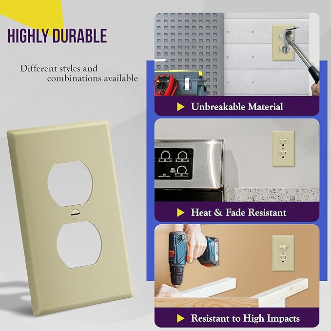 Enerlites 8821-I Duplex Receptacle Outlet Wall Plate, Standard Size 1-Gang, Polycarbonate Thermoplastic, Ivory
