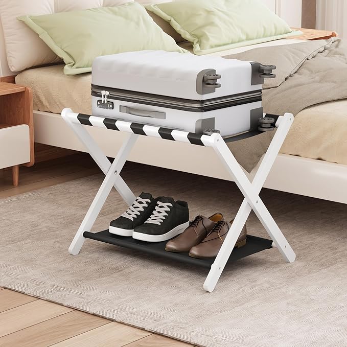 Smuxee White Bamboo Luggage Rack for Guest Room, Foldable Suitcase Stand with Storage Shelf, Easily Assembled Luggage Stand with 5 Nylon Straps for Guest Room Bedroom Hotel