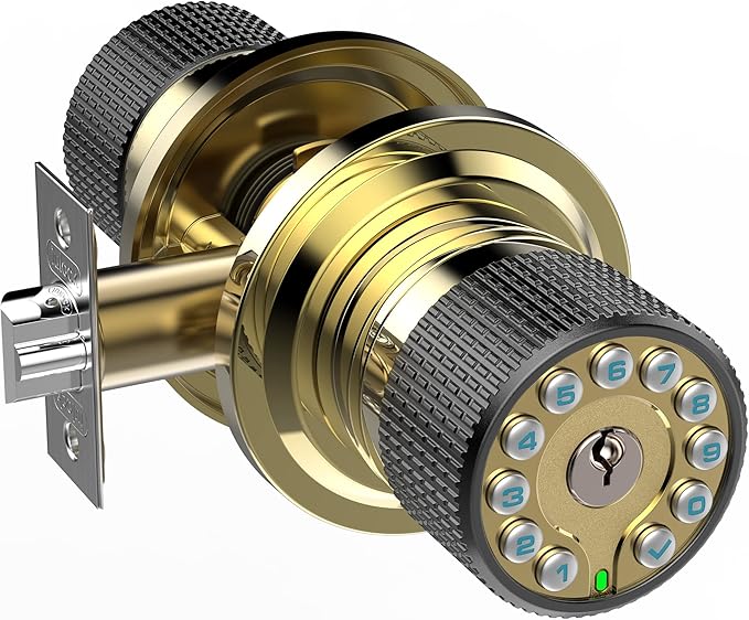 iulock Smart Door Knob with Keypad and Key,Keyless Entry Door Lock with Rubber Grip, Auto Lock,50 User Code,Waterproof, Easy to Install and Program for Bedroom Garage Office Gate (Golden)
