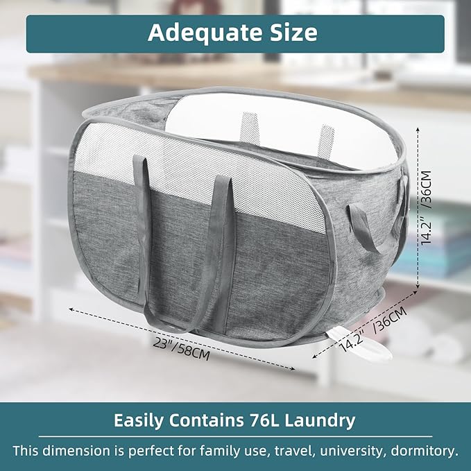 2 Pcs Collapsible Laundry Baskets, Tear Proof Pop Up Hamper With Dual Handles, Durable Foldable Basket, Easy to Carry for Home, Room, Bedroom, Dorm, Travel - Gray