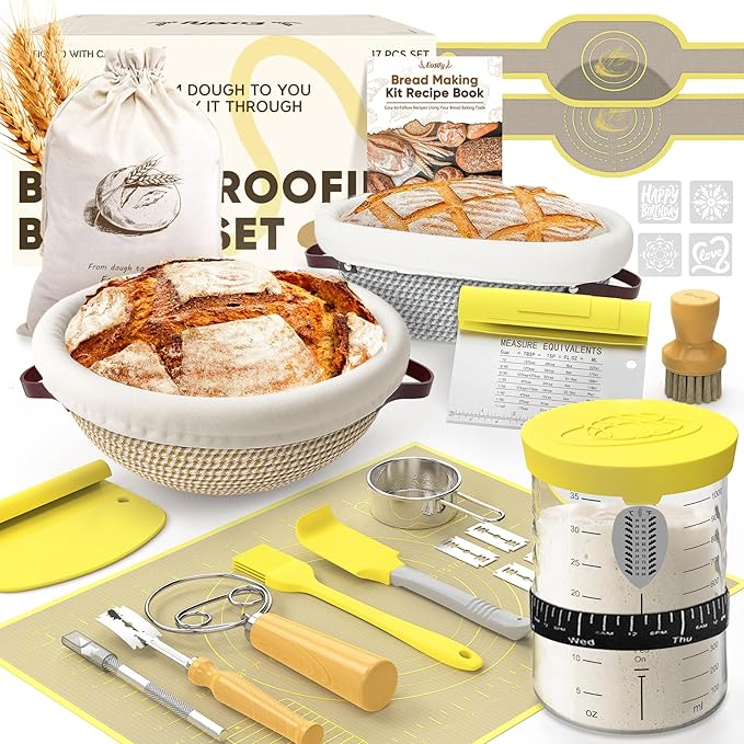 Sourdough Starter Kit with Cotton Rope Banneton Basket & Jar for Beginners
