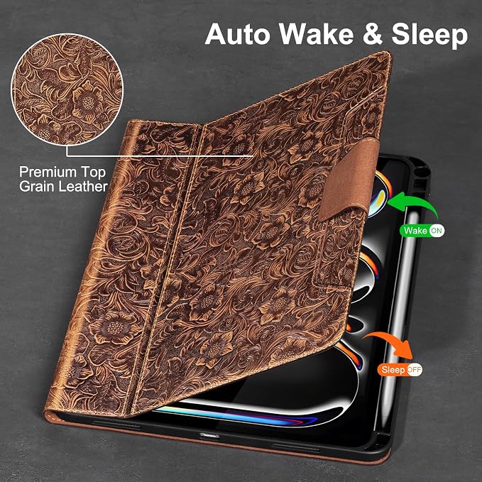 Gexmil Leather Case for iPad Pro 11 Inch M5/M4 2025/2024Crocodile Brown | Genuine Leather CoverPencil HolderMagnetic ClosureSmart Folio Auto Sleep/WakeProtectiveAdjustable Stand
