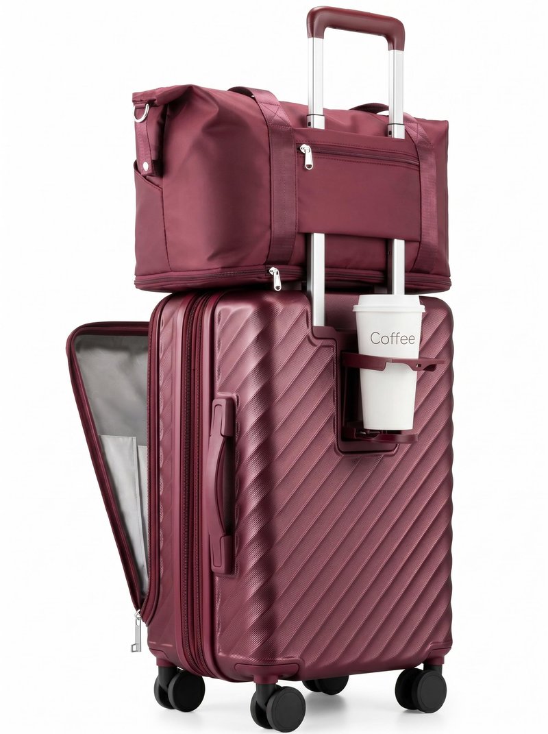 Carry On Luggage with Front Compartment and Cup Holder, KVF Expandable PC Hard Shell Suitcase with Front Pocket (FX-Plus, Ruby Red, 2-Piece (20/Tote))