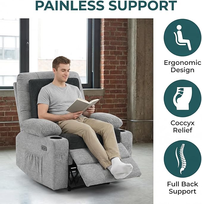 baibu Memory Foam Recliner Cushions with Lumbar Support Pillow Set for Elderly, 20x20x5 Inch Dual-Layer Design Non-Slip Recliner Seat Cushion & Back Support Pillow for Reduce Hip & Lumbar Pain, Black
