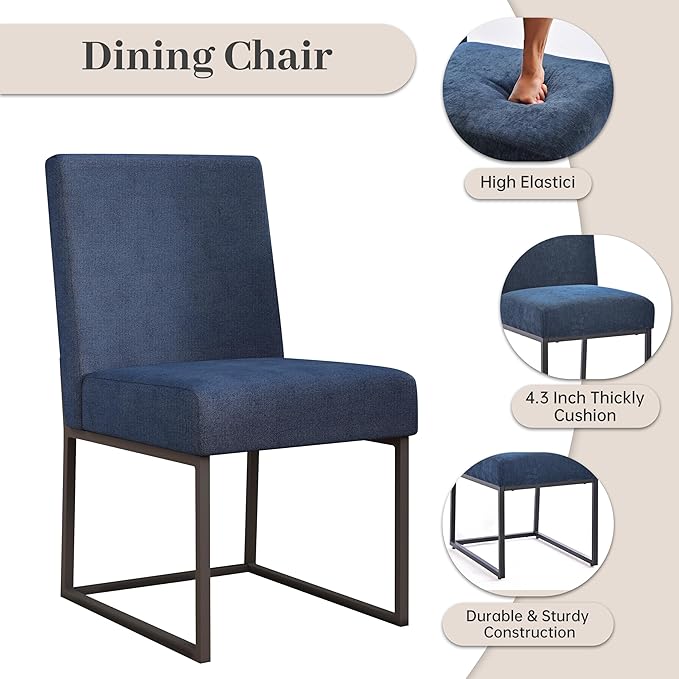 VKNOW Upholstered Dining Chairs Set of 6, Modern Dining Room Chairs, Linen Kitchen Chair Dinner Chair with Black Metal Base for Kitchen Office, Blue-Unstriped