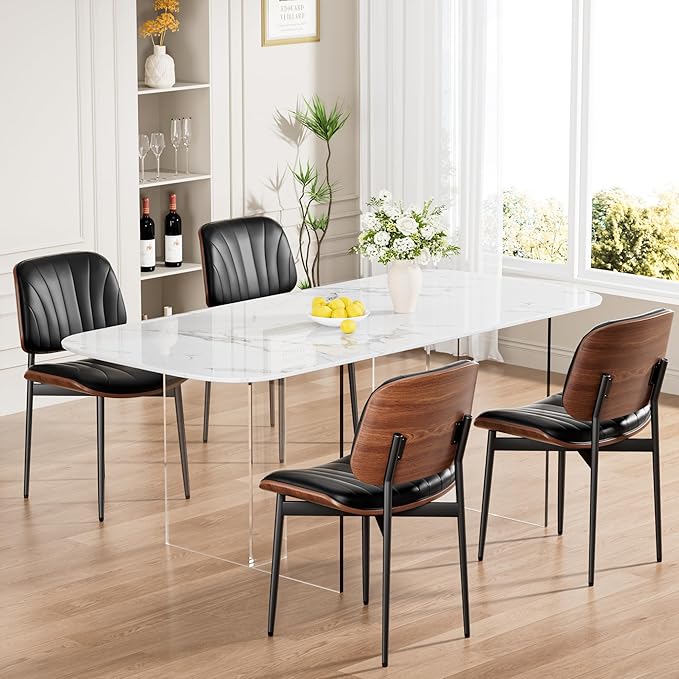 Dining Chairs Set of 2, Mid-Century Modern Upholstered PU Leather Chairs with Walnut Bentwood Back and Metal Legs Adjustable Feet for Kitchen, Black Shell Strips