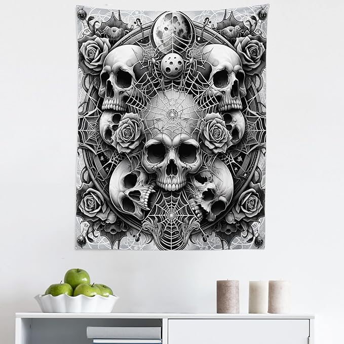 Ambesonne Gothic Tapestry King Size, Dark Tone Neo Spooky Vampire Skulls with American Traditional Roses, Wall Hanging Bedspread Bed Cover Wall Decor, 23" X 28", Pale Grey Dark Grey White