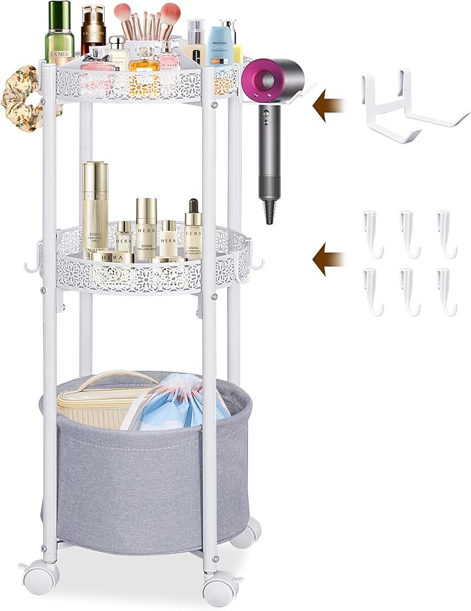 Makeup Organizer Cart with Hair Dryer Holder, 3-Tier Round Rolling Makeup Cart, Small Space Floor Vanity Organizer Cosmetic Display Cases for Skin Care Perfume Nail Polish Brush Tools, White