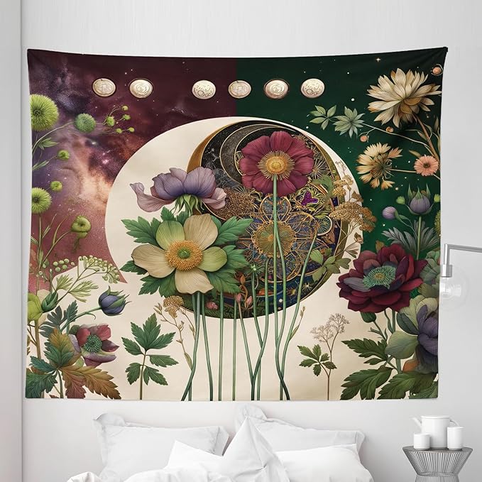 Ambesonne Moon Tapestry King Size, Abstract Blooming Gentle Leafy Flowers with Lunar Phase Ethno Details, Wall Hanging Bedspread Bed Cover Wall Decor, 104" X 88", Fern Green Eggshell Lilac