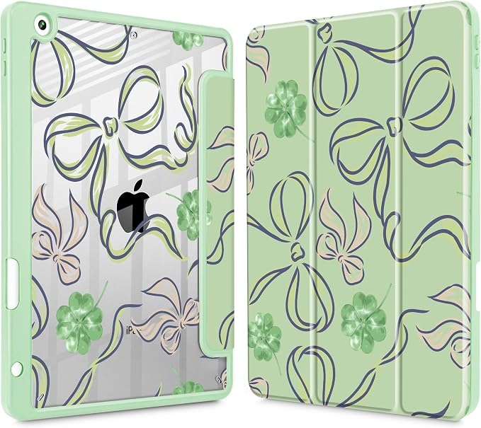 Case for iPad 9th/8th/7th Generation 10.2-Inch (2021/2020/2019 Release) with [Built-in Pencil Holder] Shockproof Cover with Clear Transparent Back Shell &amp Auto Wake/Sleep - Blue Bows