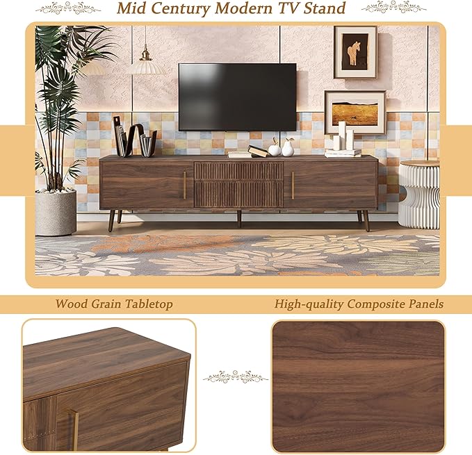 Merax Mid Century 70" TV Stand, Modern Entertainment Center for TVs up to 80", Media Console with Storage, 2 Cabinets & 2 Drawers for Living Room, Office