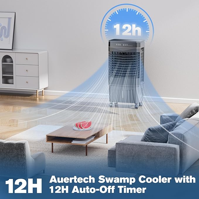 Auertech 8.5 Gal Swamp Cooler, 2800 CFM Portable Evaporative Air Cooler with 3 Speeds, Remote, 12H Timer, 120°Oscillation, Portable Air Coolers for Room, Garage, Bedroom