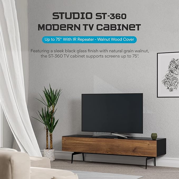 SONOROUS ST-360 Premium TV Stand for Living Room – Modern TV Stands & Entertainment Center with Storage – Black Glass & Walnut Wood Cover – Luxury Media Console with Metal Legs for TVs up to 75 inches