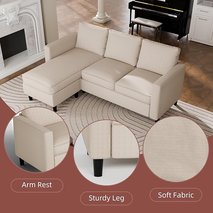 Nuturelly Convertible Sectional Sofa Couch with Movable Ottoman, 3-Seater Modern L-Shaped Sofa for Small Spaces, Soft Fabric Couch for Living Room, Small Apartment & Office(Khaki)