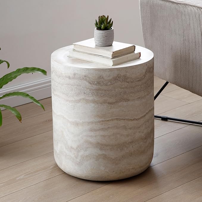 Small Round Coffee Table 15.74" Marble Pattern Drum Shaped End Fiberglass Cocktail Side Table for Living Room Bedroom Office