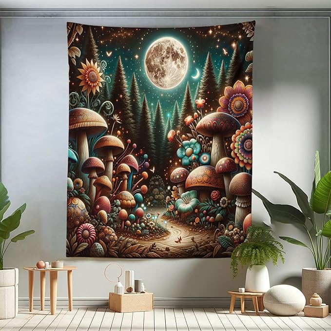 Ambesonne Aesthetic Tapestry Twin Size, Colorful Psychedelic and Traditional Detailed Mushrooms Night Forest, Wall Hanging Bedspread Bed Cover Wall Decor, 68" X 88", Dark Teal Purple Orange