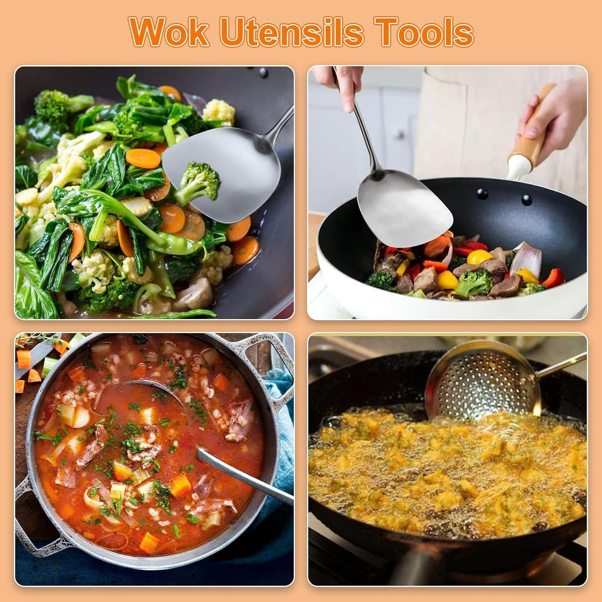 FJNATINH Wok Utensils - Wok Spatula Metal Set, 4-Pieces 14-15 Inch Extra Long, Wok Tools Professional Set, Wooden Handle Skimmer, Soup Ladle, Slotted Turner