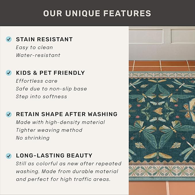 Teal 3x5 Entryway Rug - Door Rug Indoor for Large Kitchen, Living Room, Washable Low Pile Insect Décor