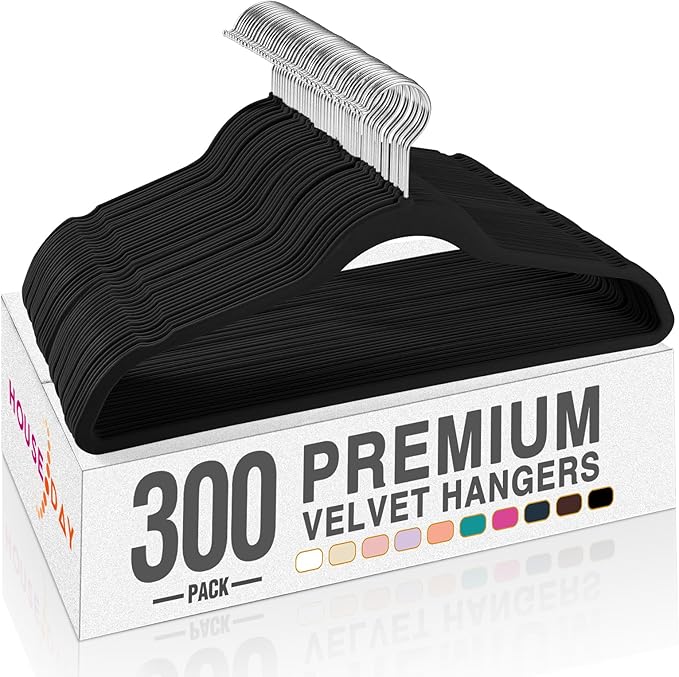 HOUSE DAY Black Velvet Hangers 300 Pack, Premium Clothes Hangers Non-Slip Felt Hangers, Sturdy Black Hangers Heavy Duty Coat Hangers, Durable Suit Hangers, Space Saving No Hanger Mark Rotating Hook