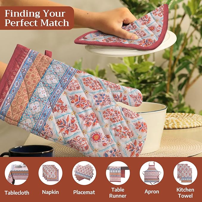 Maison d' Hermine Pot Holders Set 100% Cotton Heat Resistant Potholders 8" x 8" Hot Pads with Loop for Thanksgiving Christmas Decorations BBQ Cooking Baking Handling Hot Pans (Pack of 2, Romane)