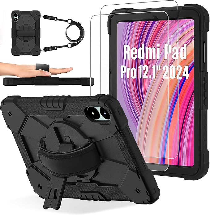 for Xiaomi Redmi Pad Pro 12.1/Xiaomi Poco Pad 12.1 Case with with Kickstand/Hand Strap/Rotating/Shoulder Strap (Black/Black)
