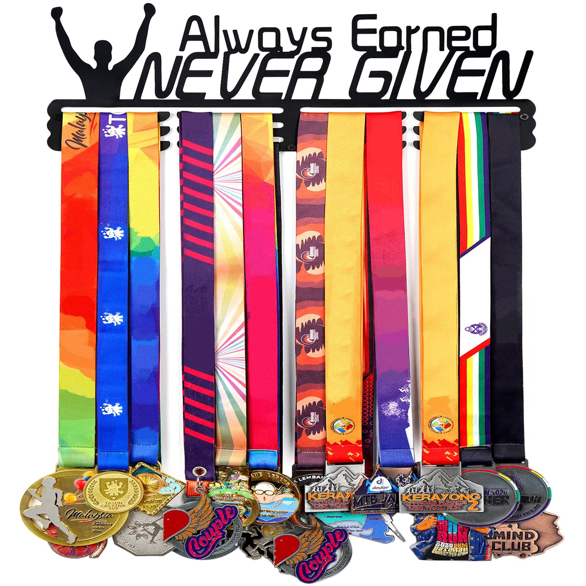 Goutoports Medal Holder Display Hanger Award Ribbin Rack for Sport Race Runner - Always Earned Never Given - Wall Mount Hold Up 60 Medal Hanger Display for Athlete Easy to Install