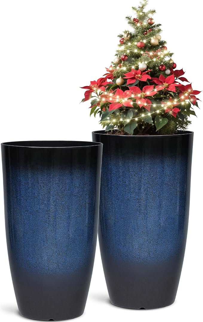 23.75" H Large Tall Outdoor Planters, Set of 2 Plastic Large Flower Pots for Outdoor Plants, with Gradient Cobalt Bule Finish, Weather-Resistant for Porch, Garden, Patio or Indoor Use