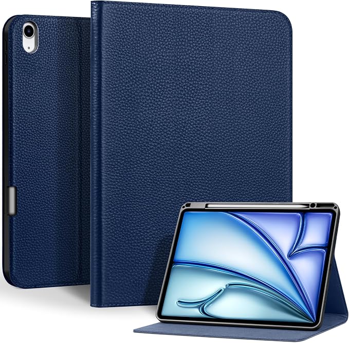 Genuine Leather Case for iPad 11th Gen 11/10th Gen 10.9 Black | Pencil Holder Adjustable Stand Auto Wake/Sleep Shockproof