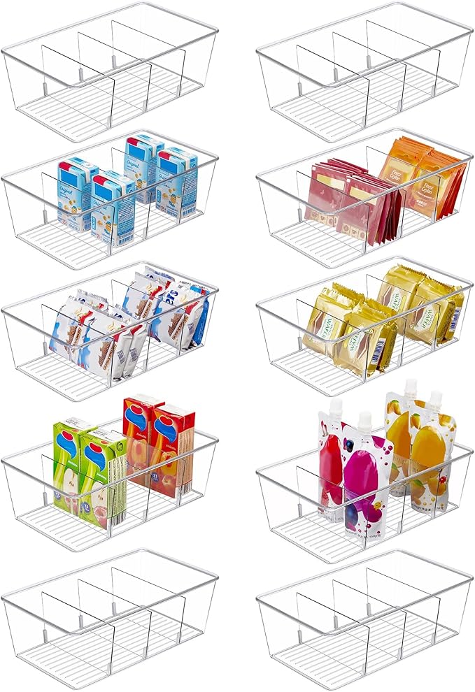 Vtopmart 10 Pack Food Storage Organizer Bins, Clear Plastic Bins for Pantry, Kitchen, Fridge, Cabinet Organization and Storage, 4 Compartment Holder Packets, Snacks, Pouches, Spice Packets