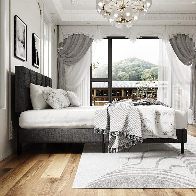 Full Size Platform Bed Frame with Modern Upholstered Headboard, Wooden Slats Support, Noise Free, No Box Spring Needed, Easy Assembly, Dark Grey, Linen