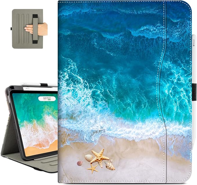 Vimorco for iPad Pro 11-inch Case M5/M4 2025/2024 for iPad Pro Case 11 Inch M5/M4 Pencil Holder/Hand Strap/Pocket/Screen Protection Band 3 Adjustable Angles Auto Sleep/Wake Beach Blue Ocean