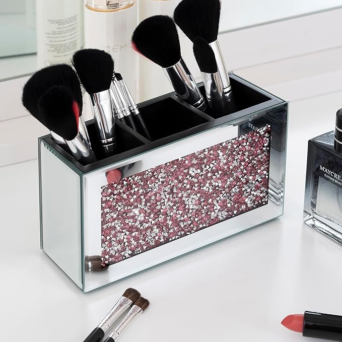 SHYFOY Mirrored Makeup Brush Holder Organizer, 3 Slots Glass Cosmetic Brushes Storage Holder with Pink Crushed Diamond, Pencil Pen Holder for Desk, Desk Organizer and Accessories for Vanity