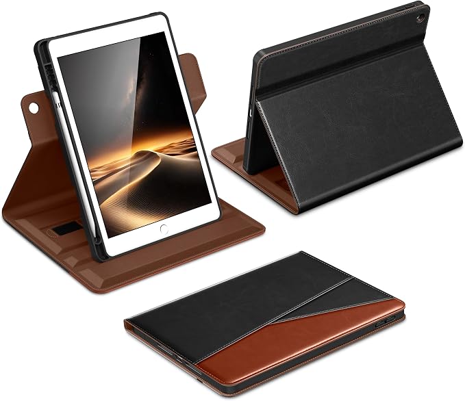 DTTO for iPad 9th/8th/7th Gen Case 10.2 Inch (2021/2020/2019) Brown | 360 Degree Rotating Premium Faux Leather Folio Stand Cover with Pencil Holder Auto Sleep/Wake Multiple Angles Hand Strap