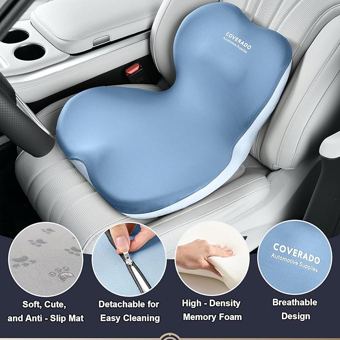 Coverado Car Seat Cushion and Lumbar Support Pillow One Piece, Memory Foam Ergonomic Back Support Driving Seat Cushion for Back Pain, Non-Slip Washable Cushion for Car, Driver, Office